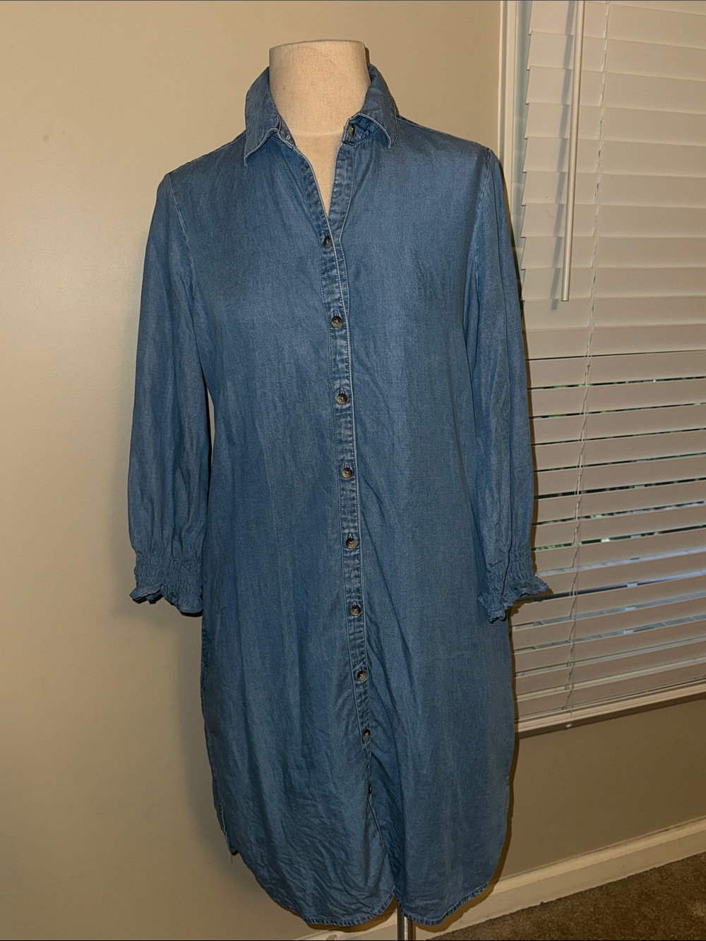 Foxcroft Light Blue Denim Button-Front Long Sleeve Shirt Dress